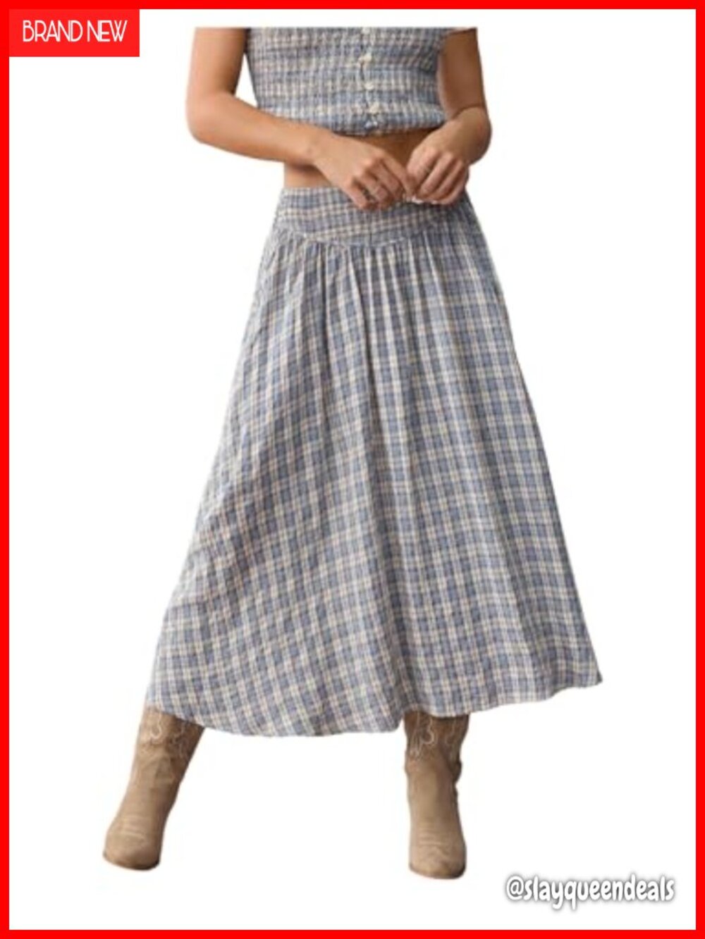Women's Gingham A Line Midi Skirt Smocked Waist Flowy Vintage Cottagecore